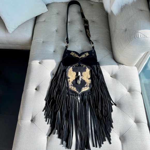 Buffalo Girl Versailles Apache Tasseled Black Leather Bag with Citrine Crystal - Picture 10 of 15